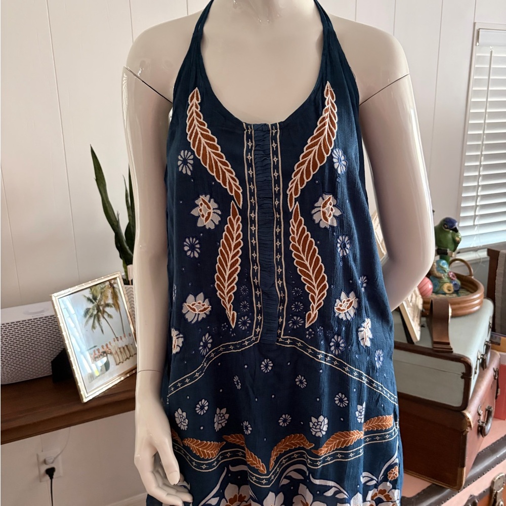 Navy Halter Embroidered Maxi Dress - Boho Floral